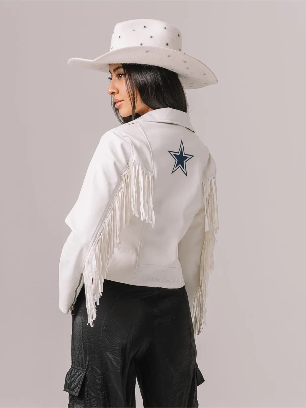 NWT Dallas Cowboys Women’s  White Fringe Western Leather Jacket- MSRP $149